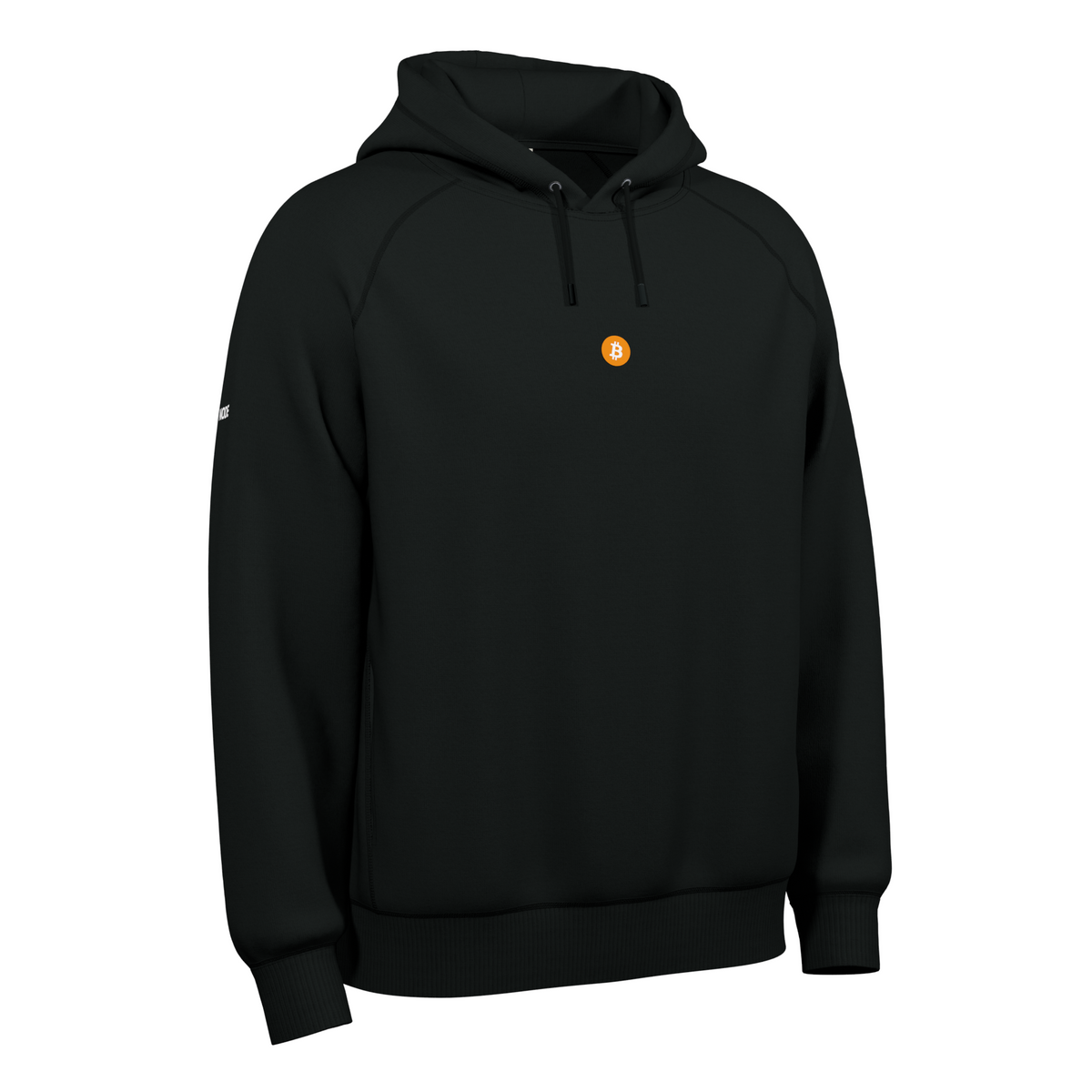 Black hoodie with the Bitcoin logo.