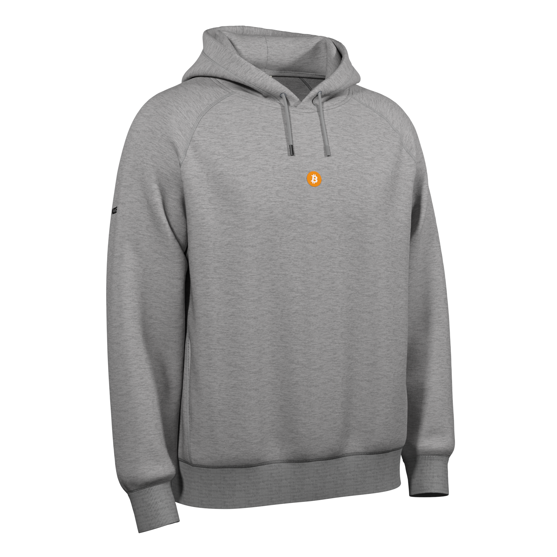 Grey hoodie with the Bitcoin logo.
