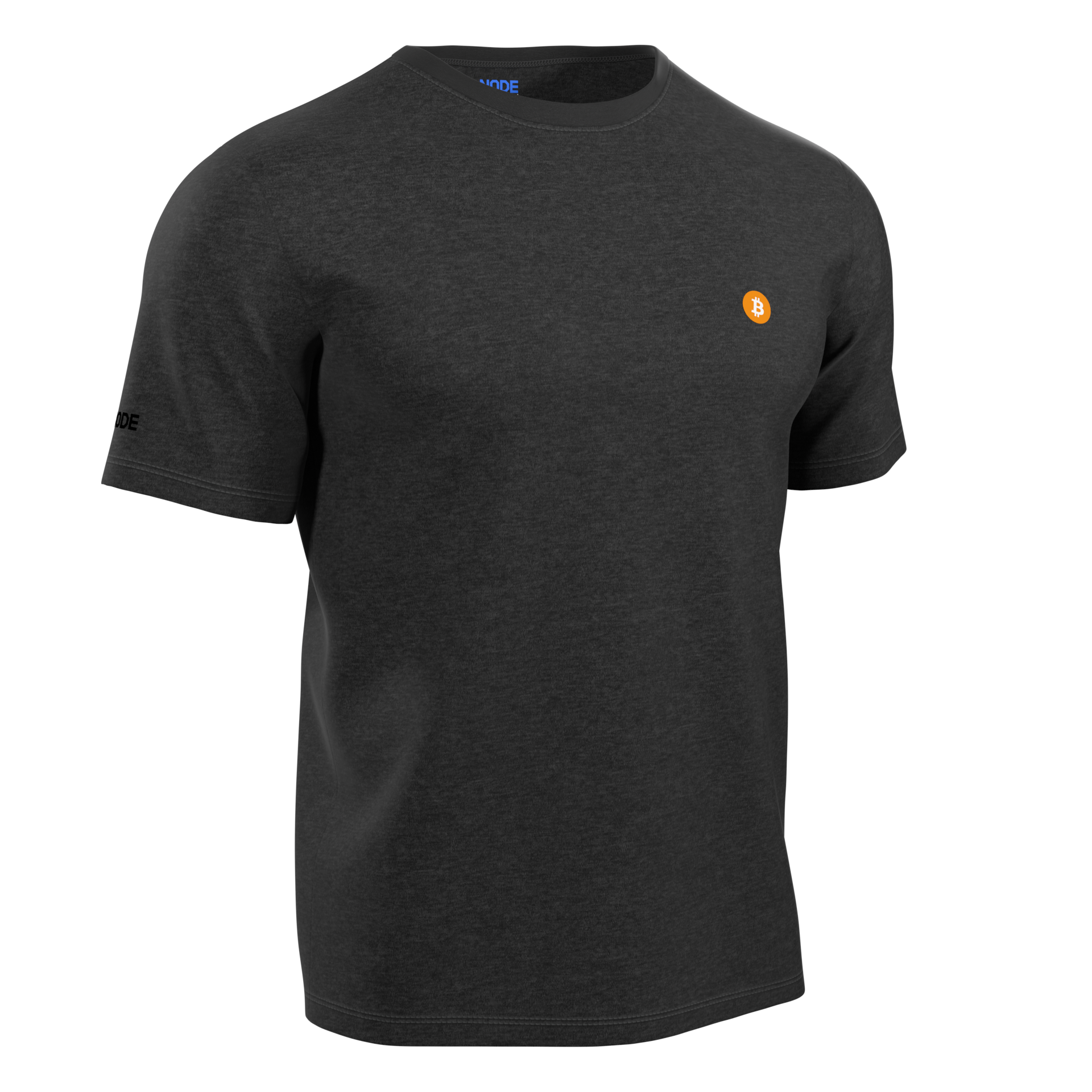 Grey t-shirt with the Bitcoin logo.