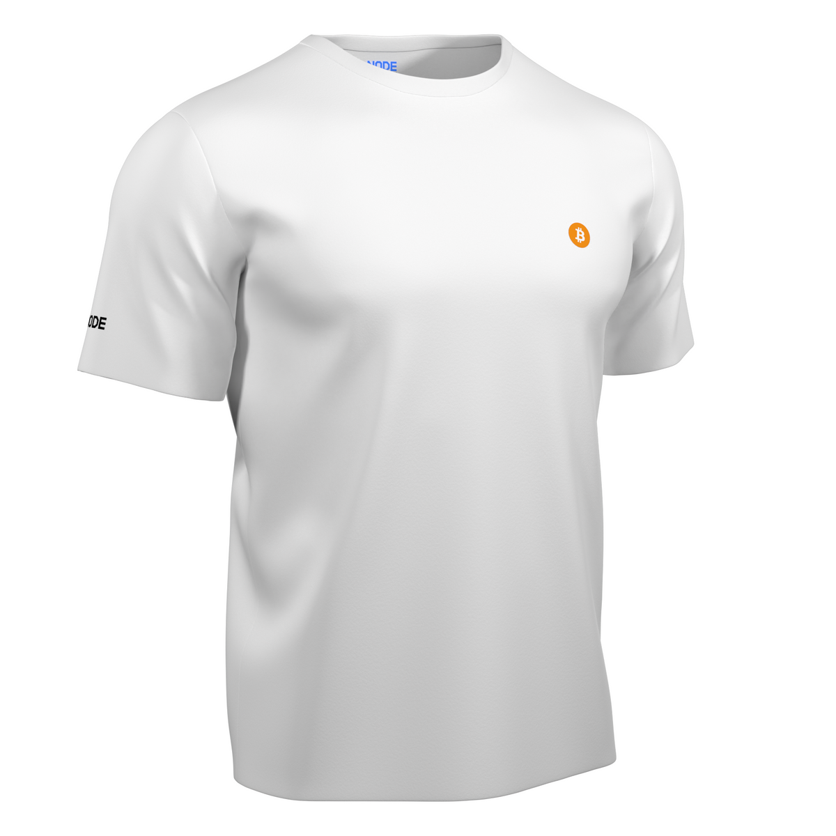 White t-shirt with the Bitcoin logo.
