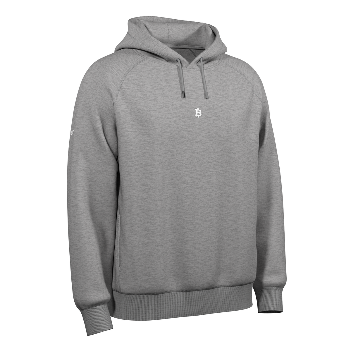 Grey hoodie with the Bitcoin symbol in white.