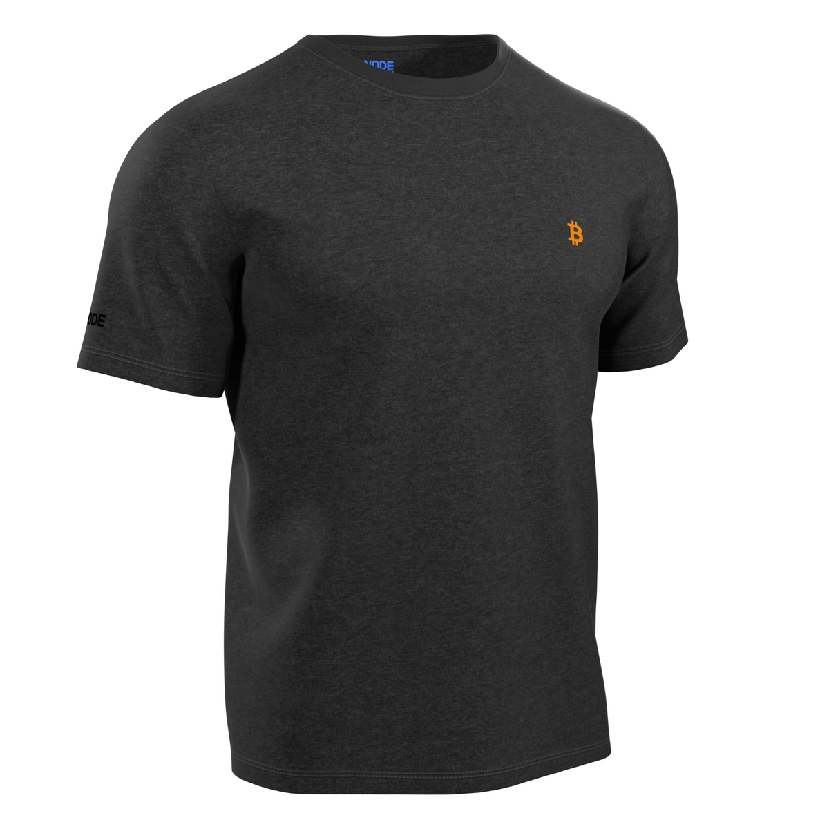 Grey t-shirt with the Bitcoin symbol.