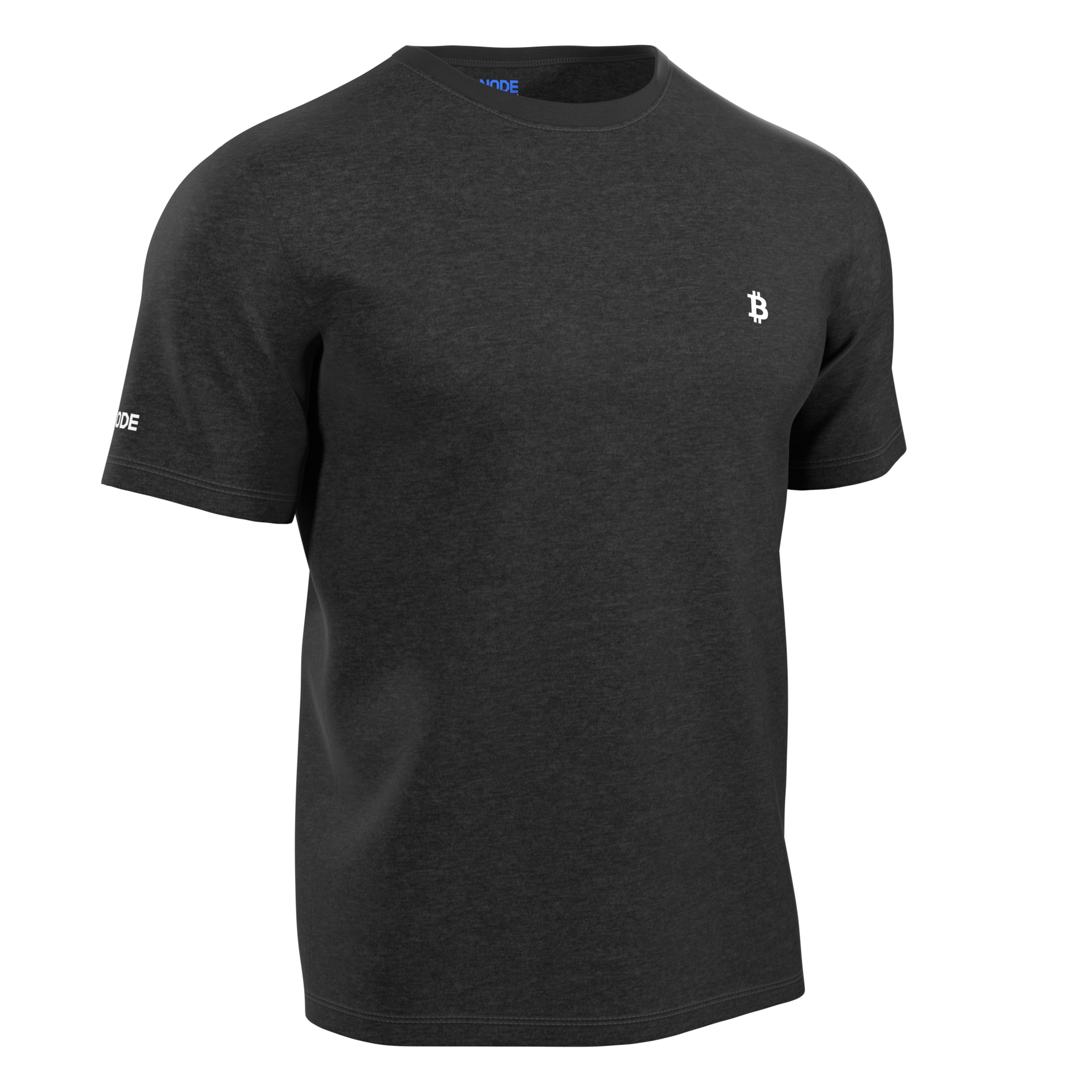 Grey t-shirt with the Bitcoin symbol in white.
