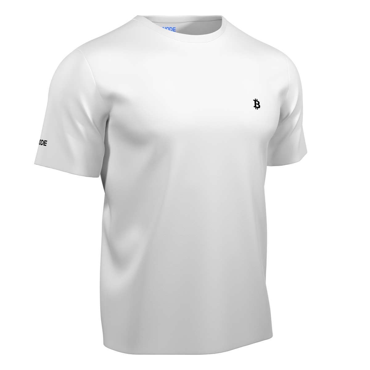 White t-shirt with the Bitcoin symbol in black.