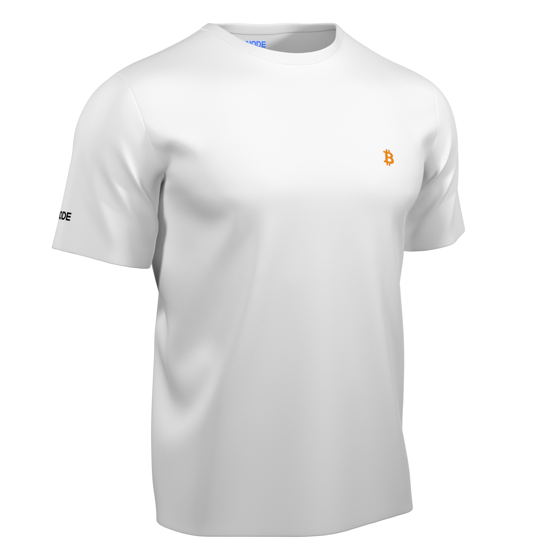 White t-shirt with the Bitcoin symbol.