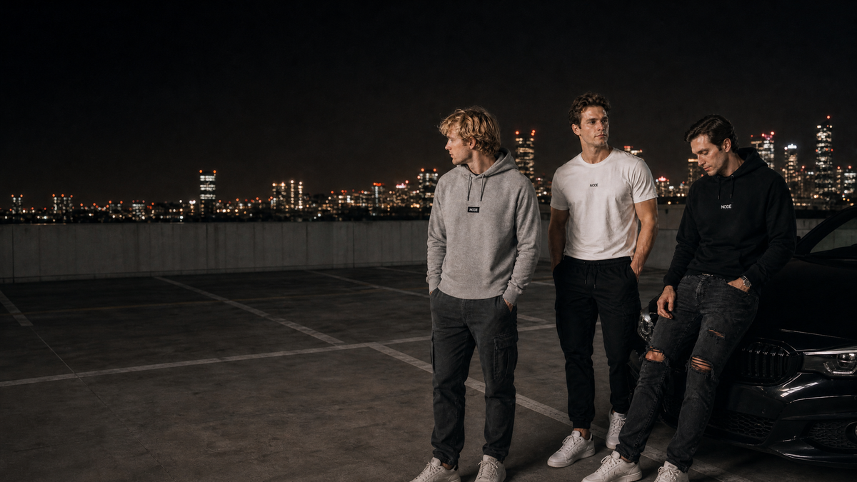 Three men in NODE apparel standing together against a city skyline at night.