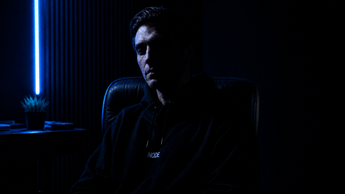 A man sitting in a dark room lit by a single blue light.