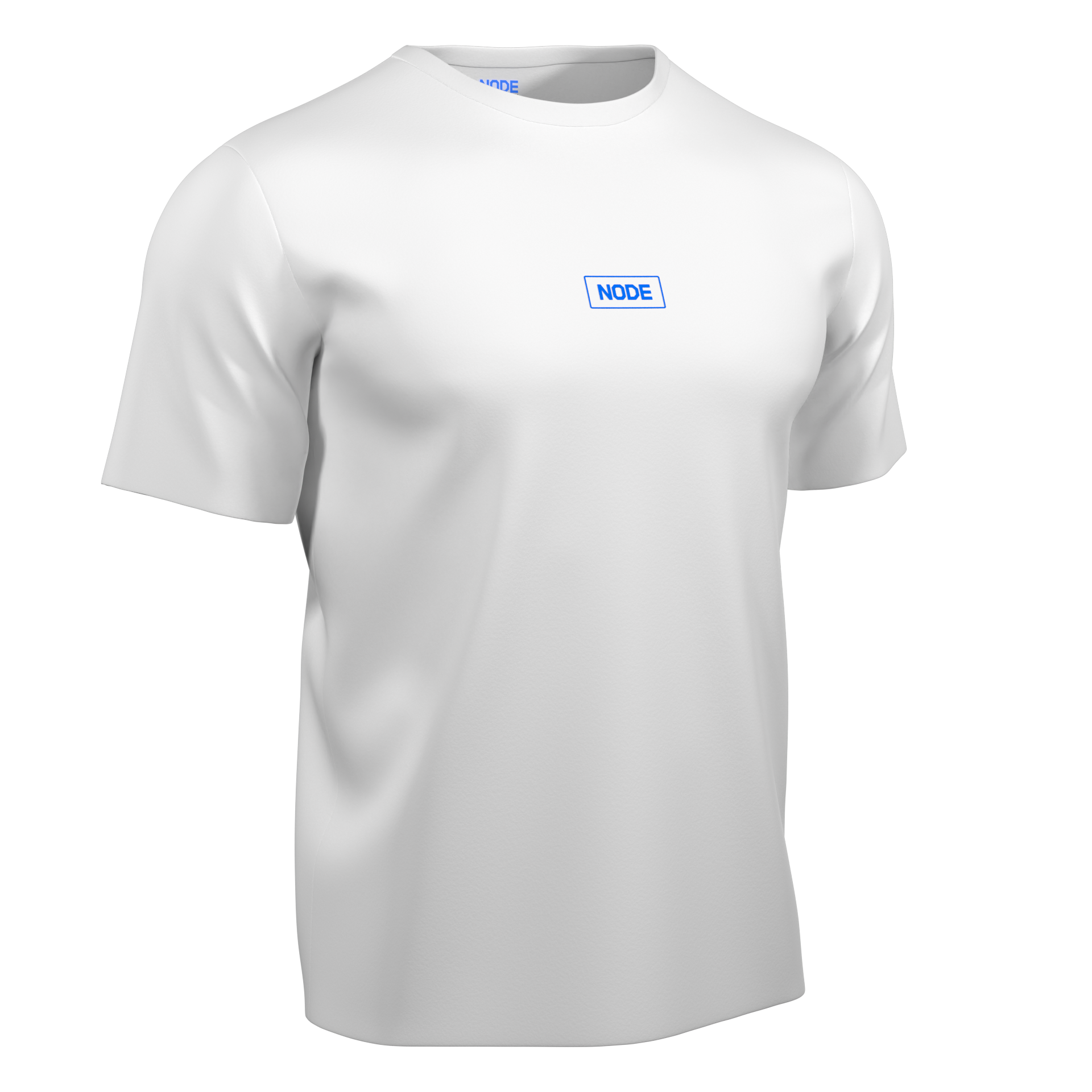White NODE Nexus t-shirt, blue mark.