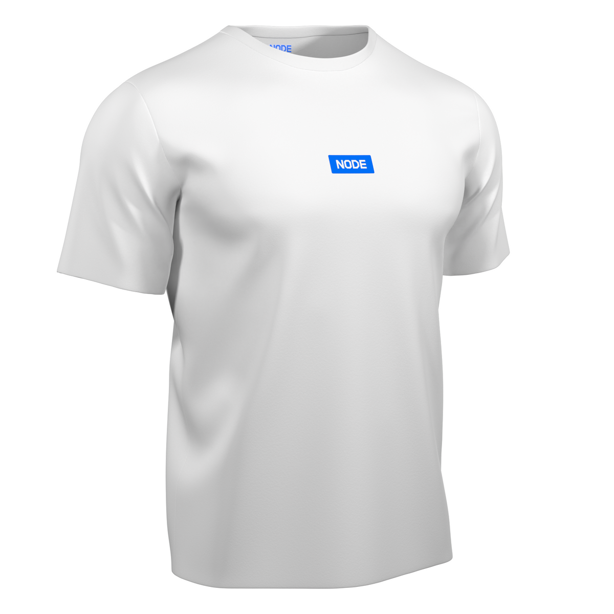 White NODE Surge t-shirt, blue mark.